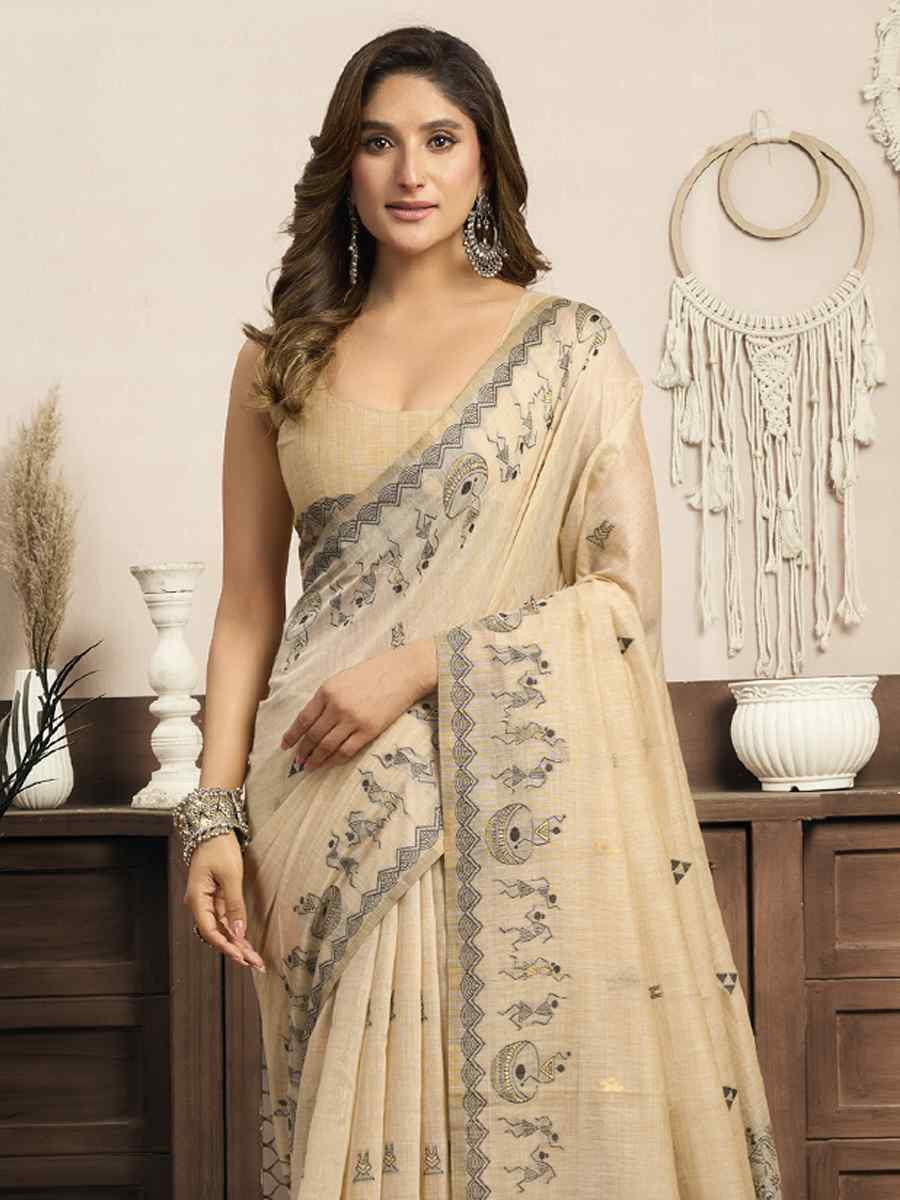 Cream Printed Casual Reception Festival Wedding Fancy Heavy Border Sarees