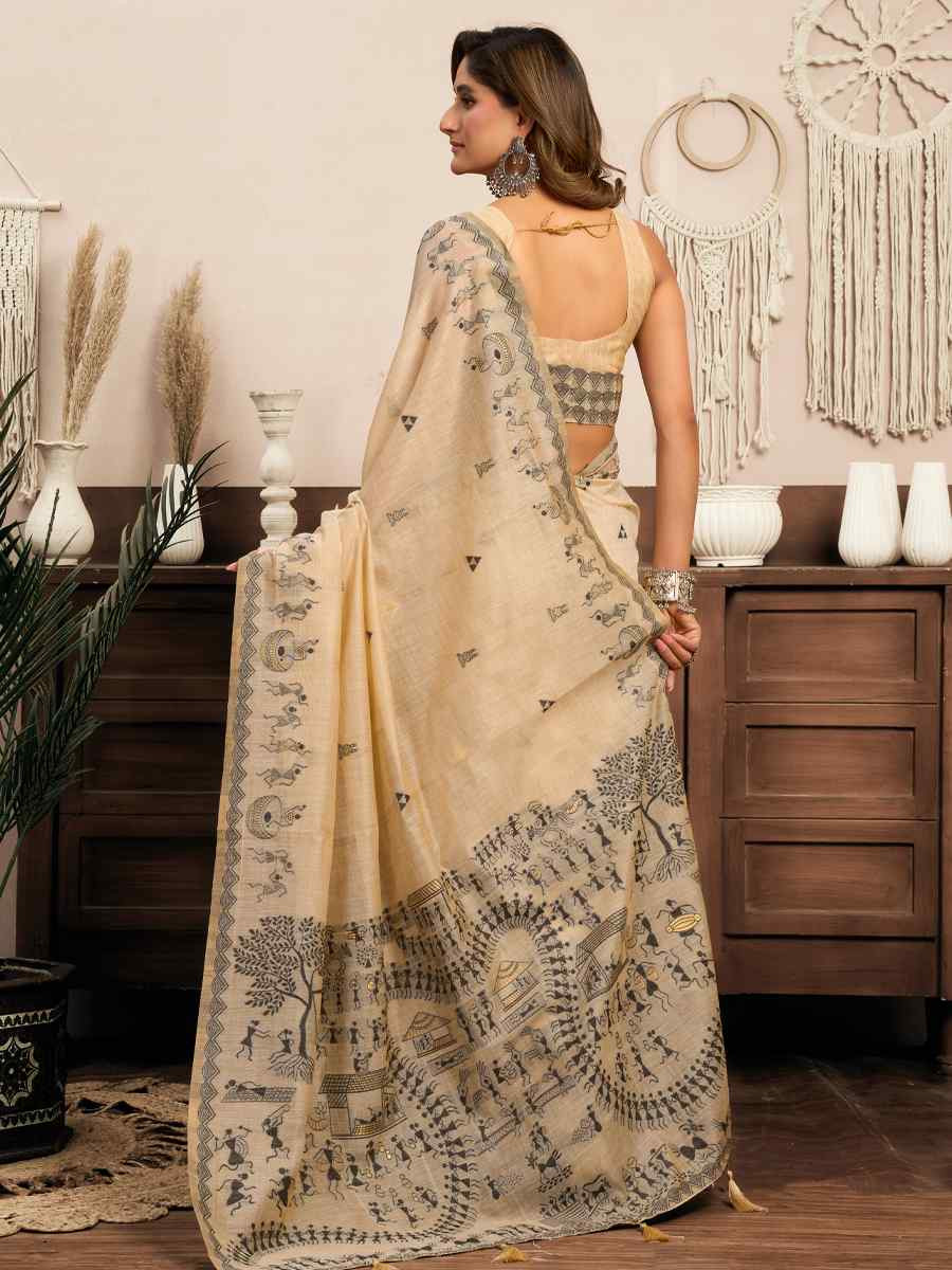 Cream Printed Casual Reception Festival Wedding Fancy Heavy Border Sarees