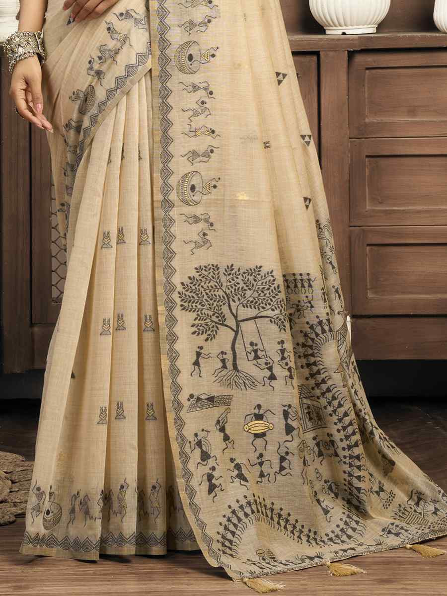 Cream Printed Casual Reception Festival Wedding Fancy Heavy Border Sarees