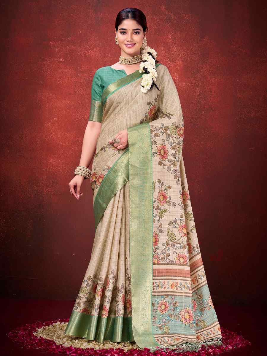 Cream Printed Handwoven Traditional Bridal Reception Festival Wedding Fancy Classic Style Sarees