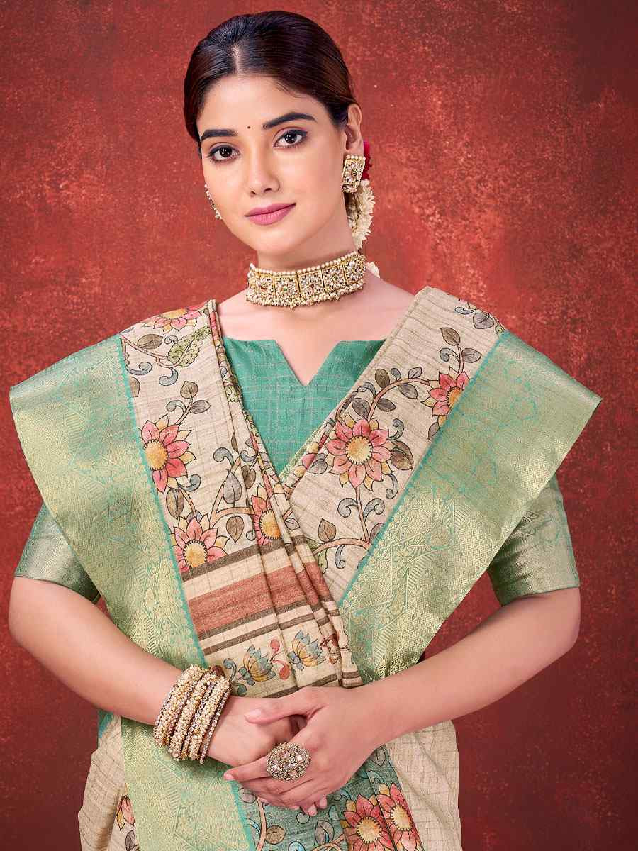 Cream Printed Handwoven Traditional Bridal Reception Festival Wedding Fancy Classic Style Sarees