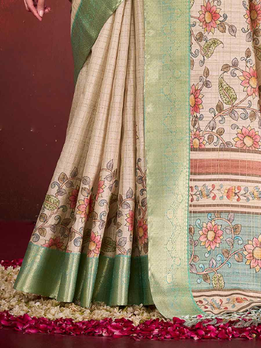 Cream Printed Handwoven Traditional Bridal Reception Festival Wedding Fancy Classic Style Sarees