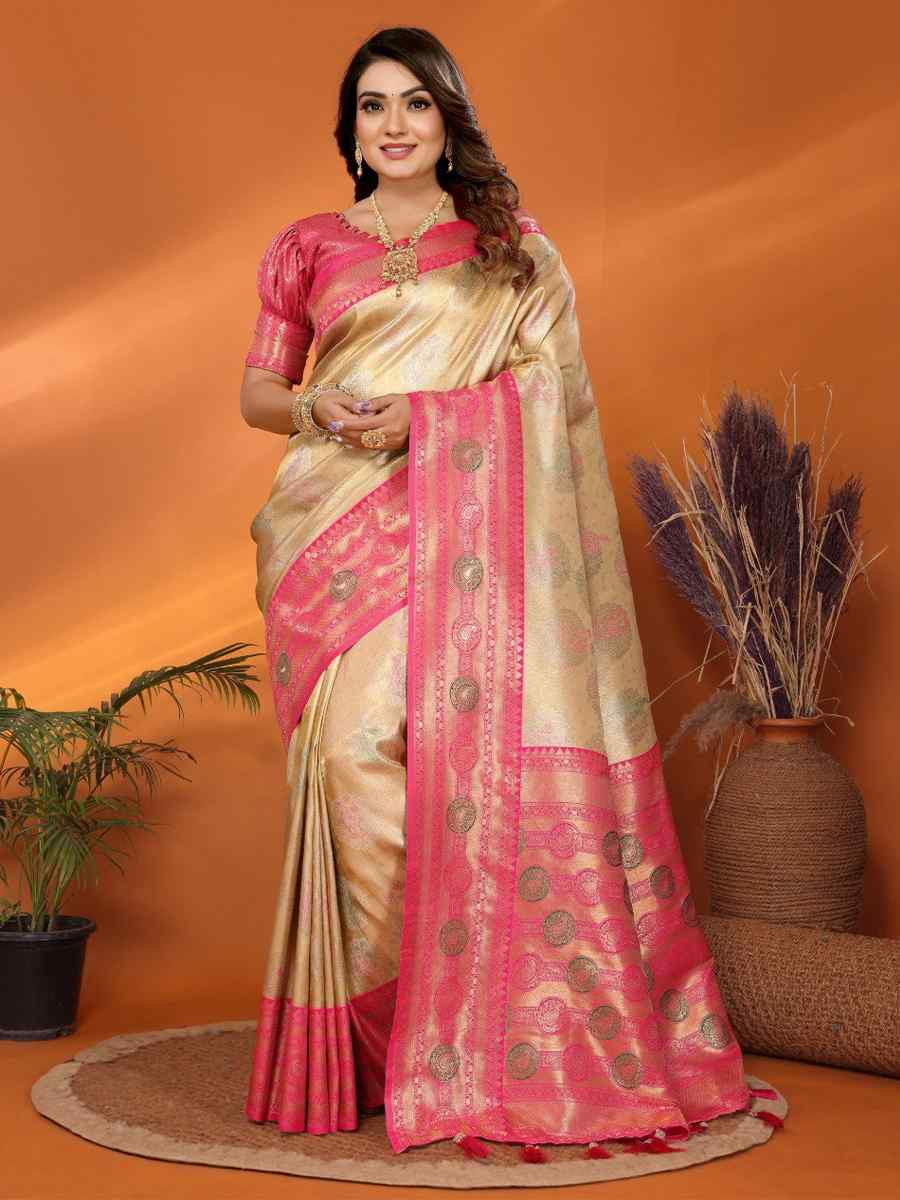 Cream Pure Banarasi Tissue Silk Handwoven Festival Wedding Fancy Heavy Border Saree
