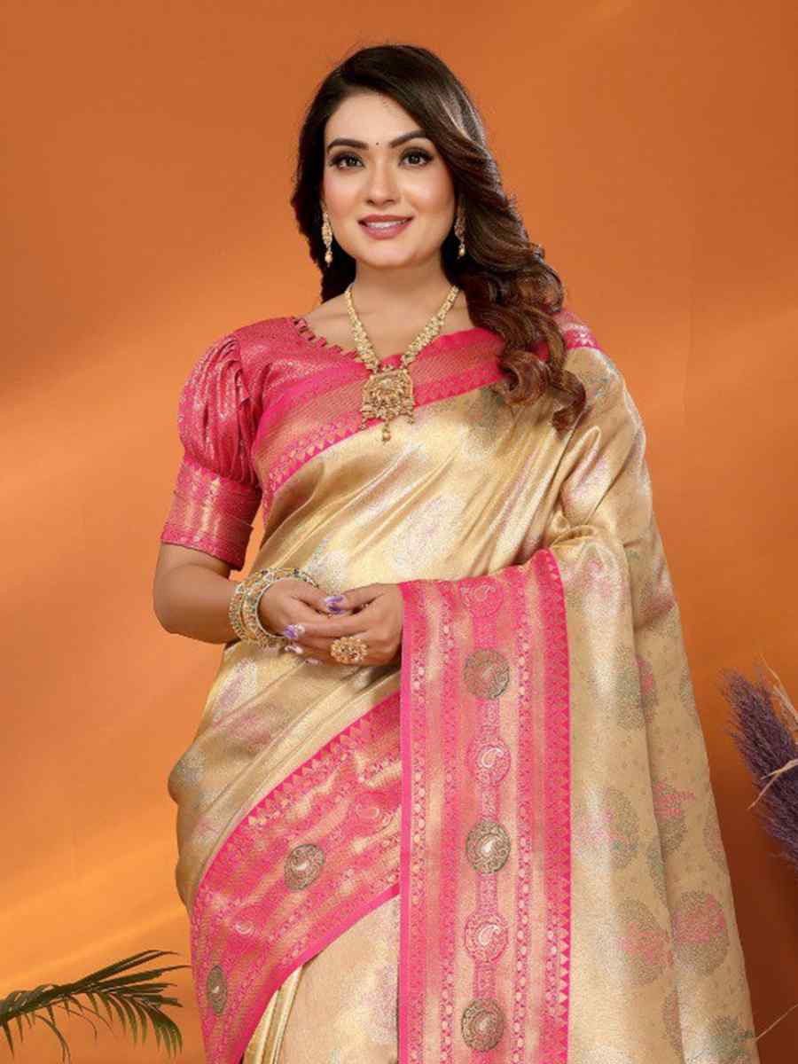 Cream Pure Banarasi Tissue Silk Handwoven Festival Wedding Fancy Heavy Border Saree