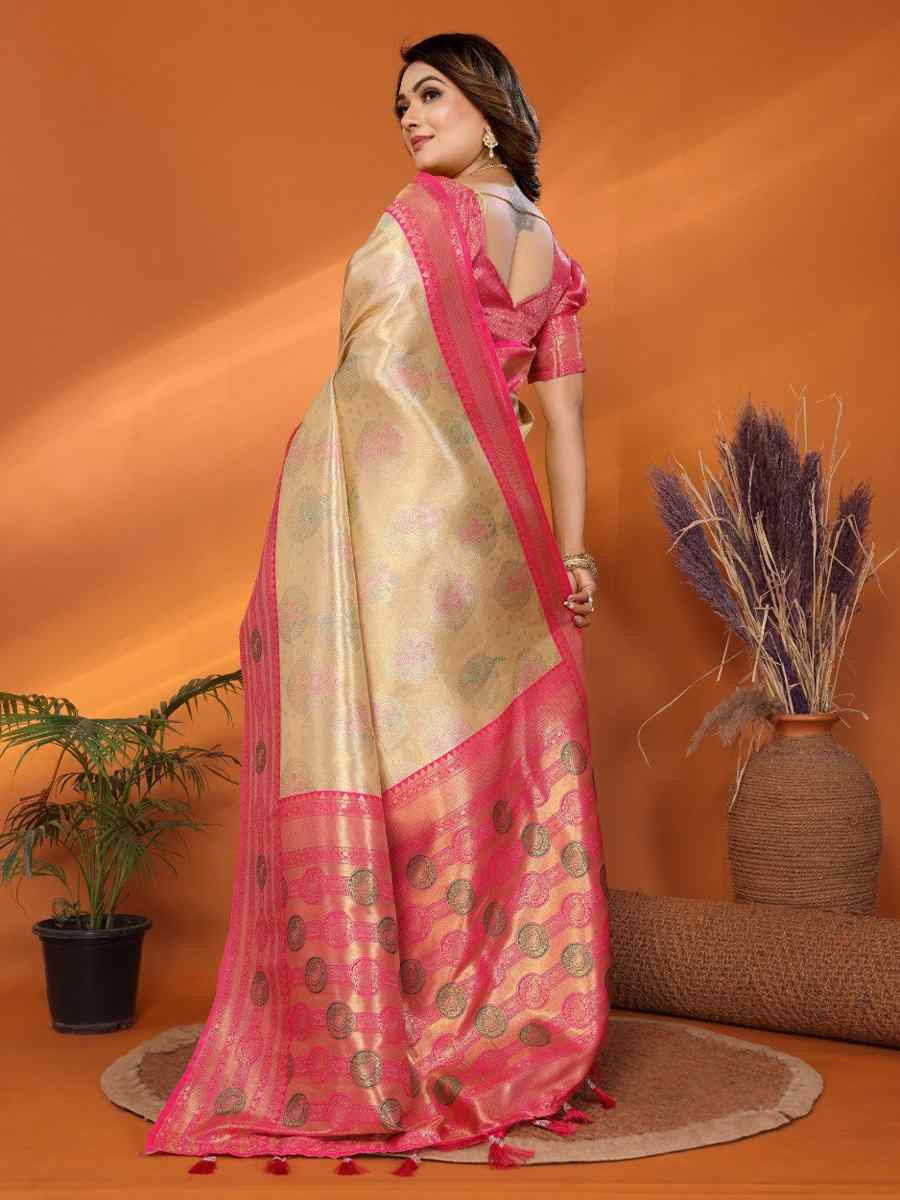 Cream Pure Banarasi Tissue Silk Handwoven Festival Wedding Fancy Heavy Border Saree