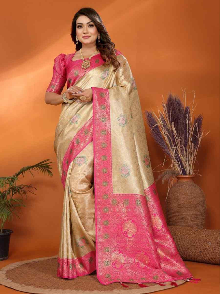 Cream Pure Banarasi Tissue Silk Handwoven Festival Wedding Fancy Heavy Border Saree