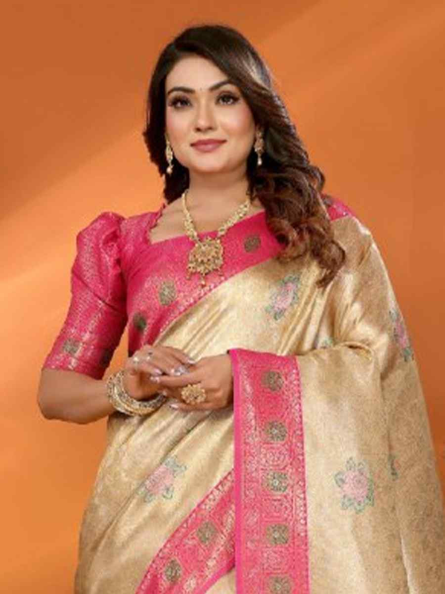 Cream Pure Banarasi Tissue Silk Handwoven Festival Wedding Fancy Heavy Border Saree