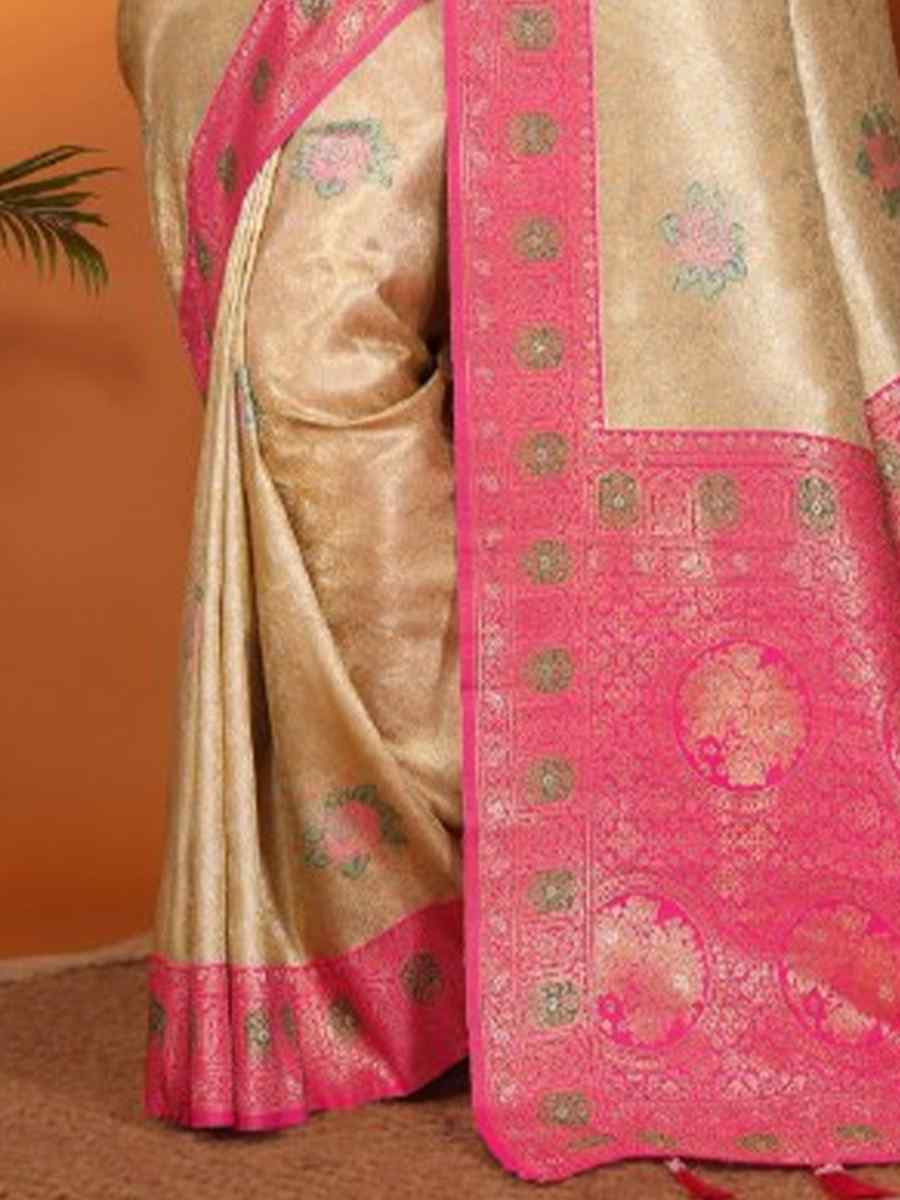 Cream Pure Banarasi Tissue Silk Handwoven Festival Wedding Fancy Heavy Border Saree