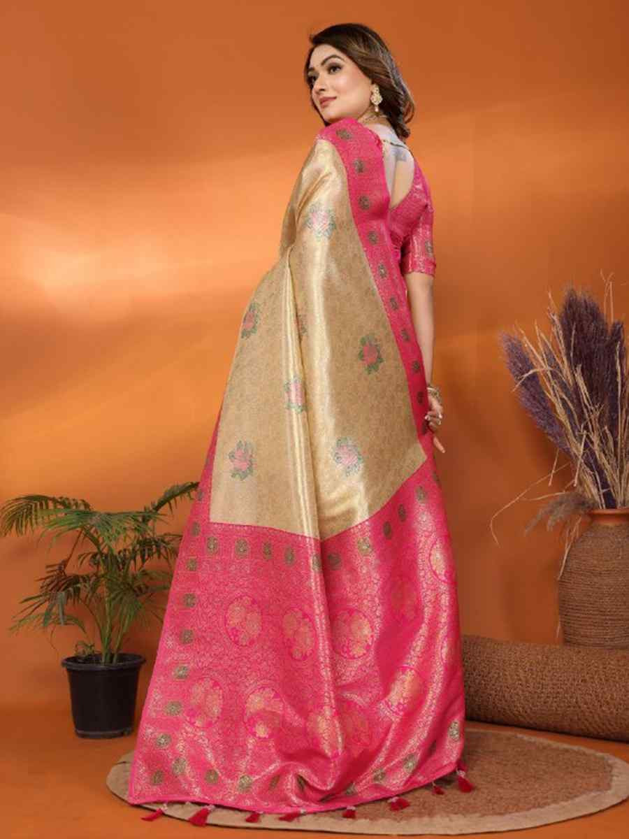 Cream Pure Banarasi Tissue Silk Handwoven Festival Wedding Fancy Heavy Border Saree