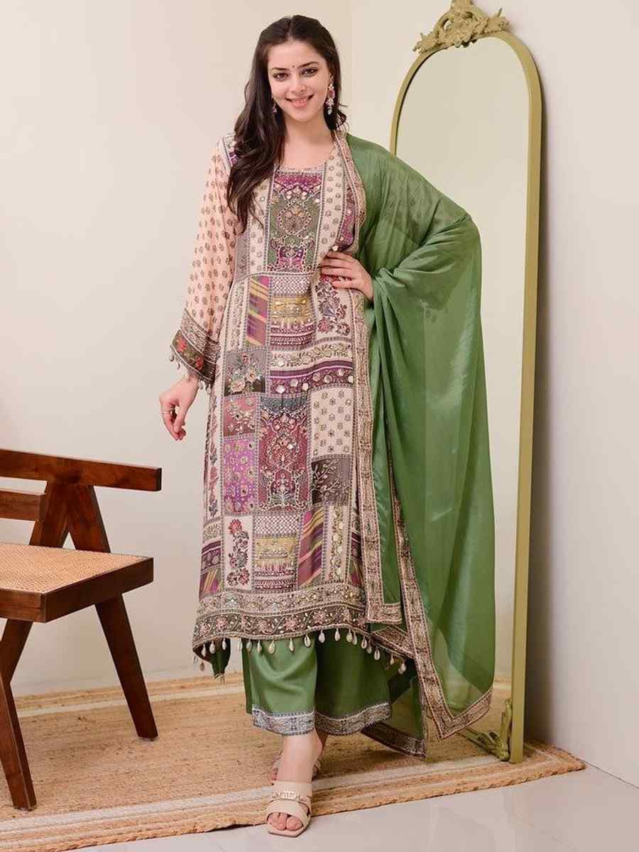 Cream Pure Chinon Embroidery Party Wedding Festival Casual Ready Palazzo Pant Salwar Kameez