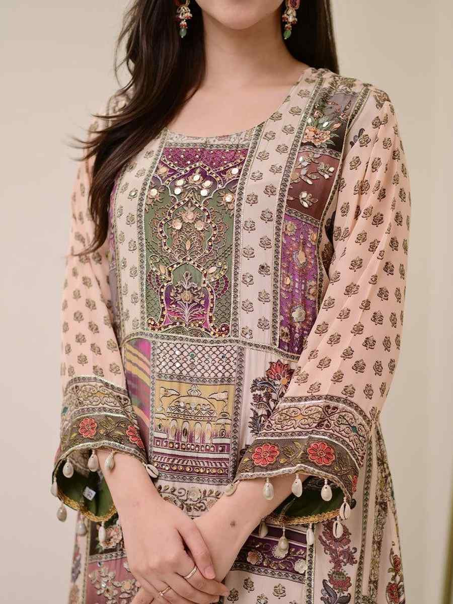 Cream Pure Chinon Embroidery Party Wedding Festival Casual Ready Palazzo Pant Salwar Kameez