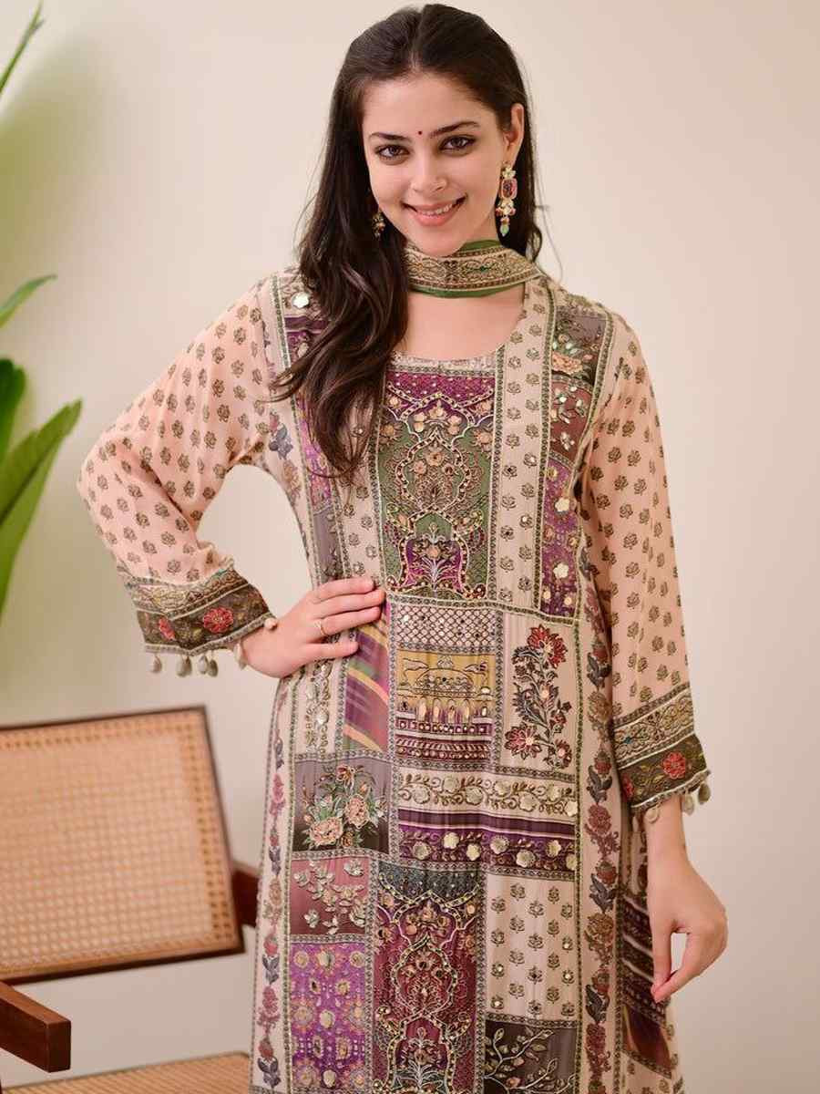 Cream Pure Chinon Embroidery Party Wedding Festival Casual Ready Palazzo Pant Salwar Kameez