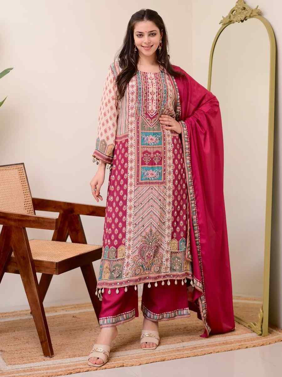 Cream Pure Chinon Embroidery Party Wedding Festival Casual Ready Palazzo Pant Salwar Kameez