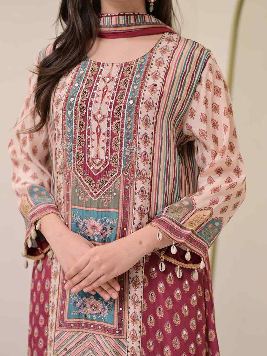 Cream Pure Chinon Embroidery Party Wedding Festival Casual Ready Palazzo Pant Salwar Kameez