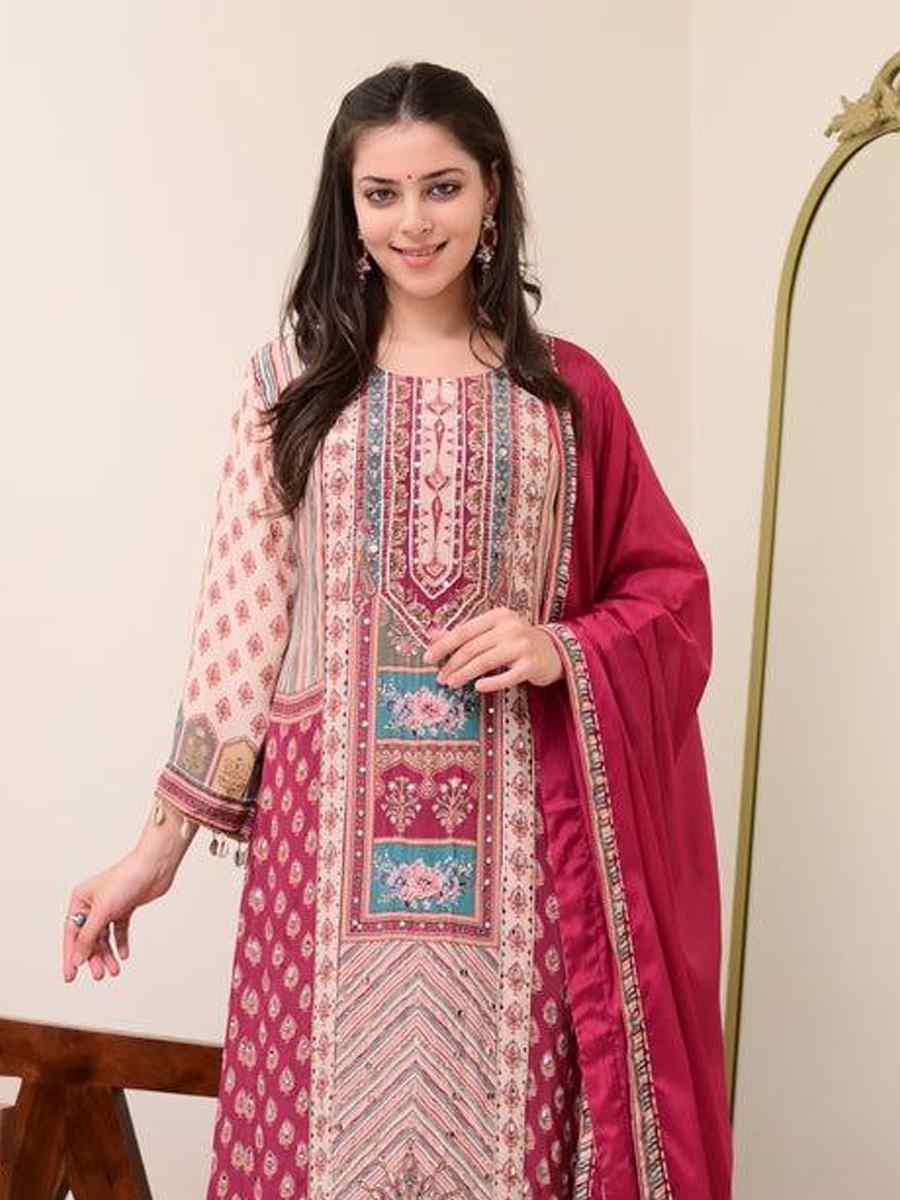 Cream Pure Chinon Embroidery Party Wedding Festival Casual Ready Palazzo Pant Salwar Kameez