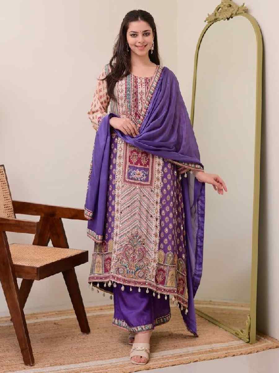 Cream Pure Chinon Embroidery Party Wedding Festival Casual Ready Palazzo Pant Salwar Kameez