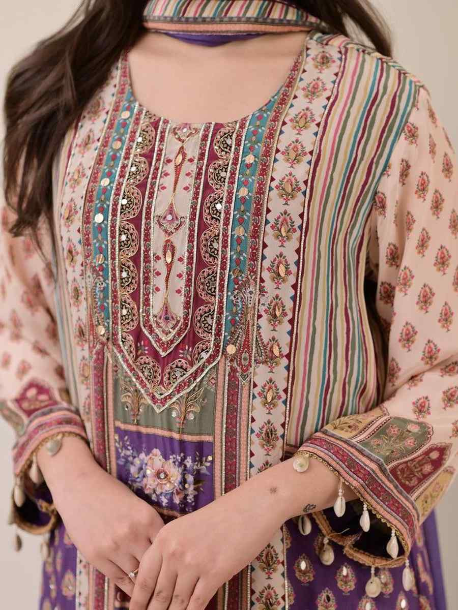 Cream Pure Chinon Embroidery Party Wedding Festival Casual Ready Palazzo Pant Salwar Kameez