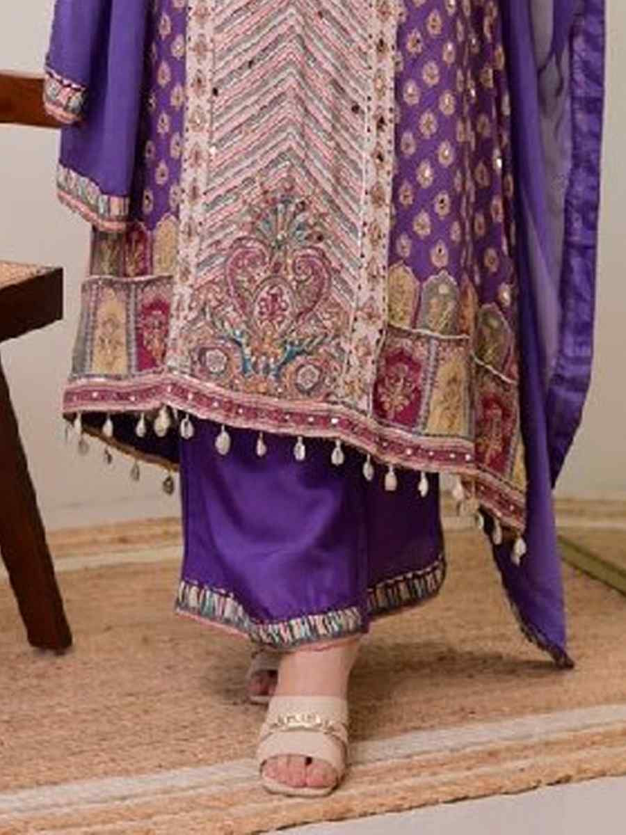Cream Pure Chinon Embroidery Party Wedding Festival Casual Ready Palazzo Pant Salwar Kameez