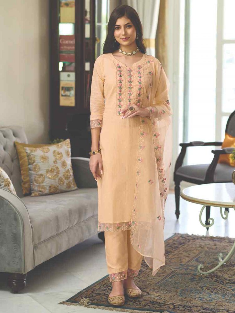 Cream Pure Cotton Embroidered Festival Casual Ready Pant Salwar Kameez