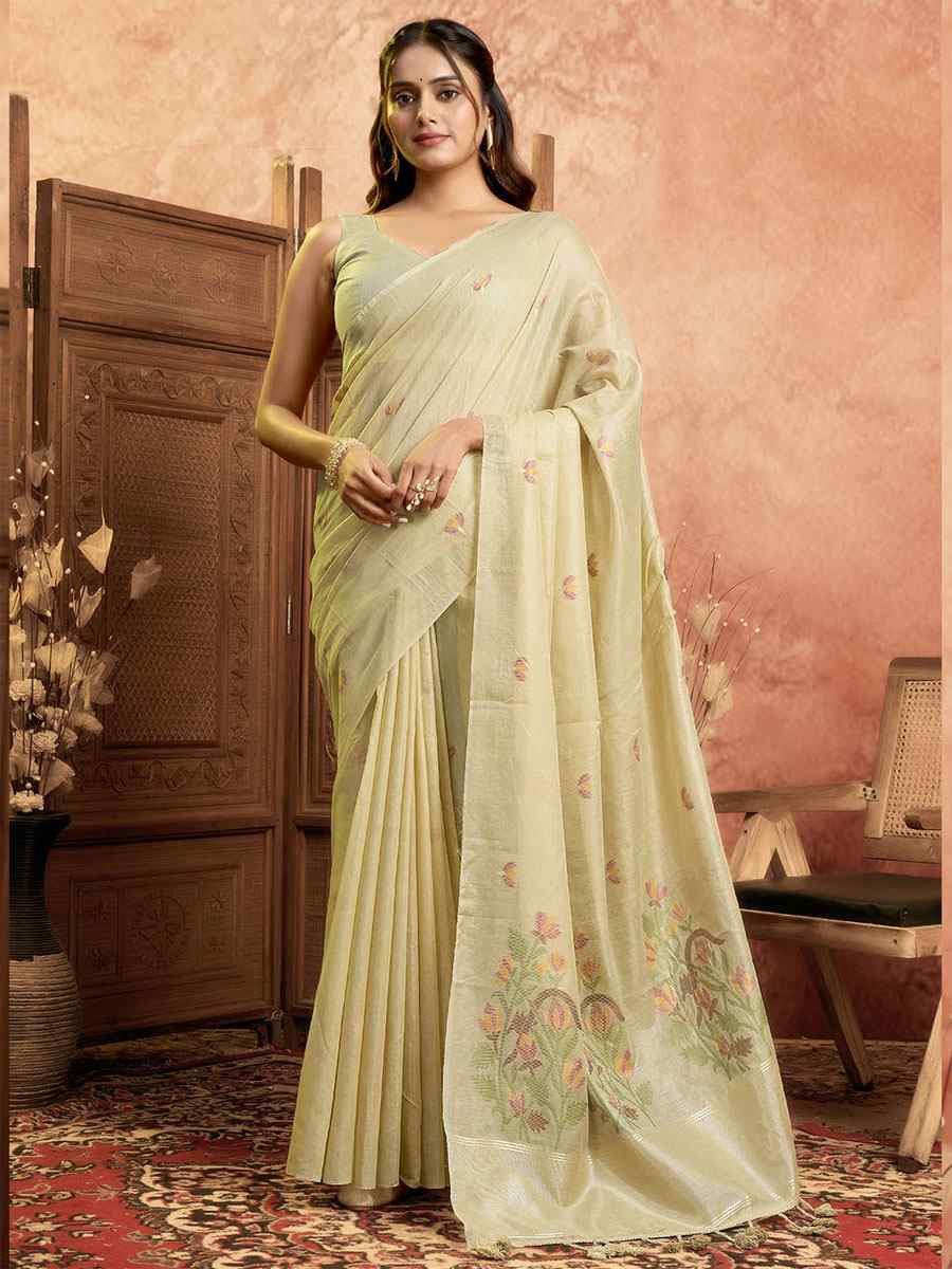 Cream Pure Cotton Handwoven Festival Wedding Fancy Heavy Border Saree