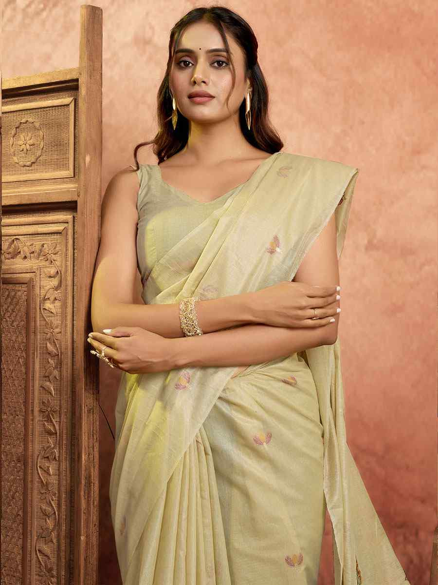 Cream Pure Cotton Handwoven Festival Wedding Fancy Heavy Border Saree