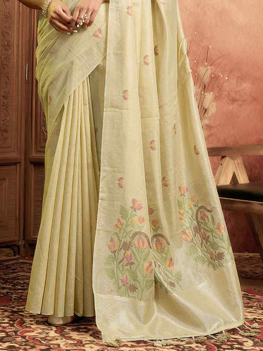 Cream Pure Cotton Handwoven Festival Wedding Fancy Heavy Border Saree