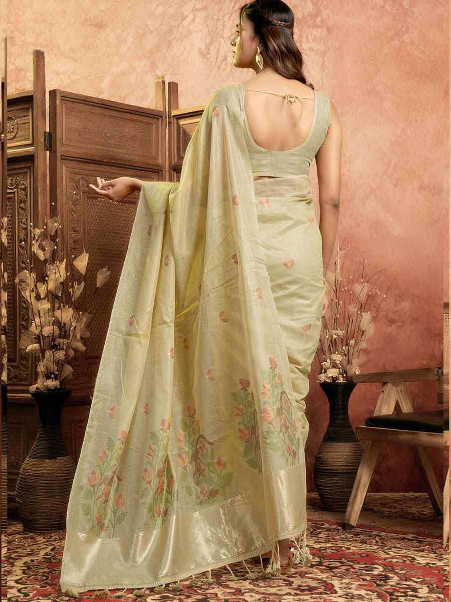 Cream Pure Cotton Handwoven Festival Wedding Fancy Heavy Border Saree