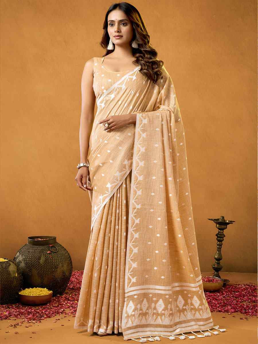 Cream Pure Cotton Handwoven Festival Wedding Fancy Heavy Border Saree