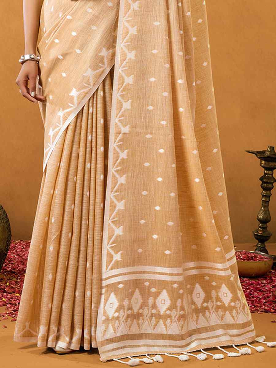 Cream Pure Cotton Handwoven Festival Wedding Fancy Heavy Border Saree