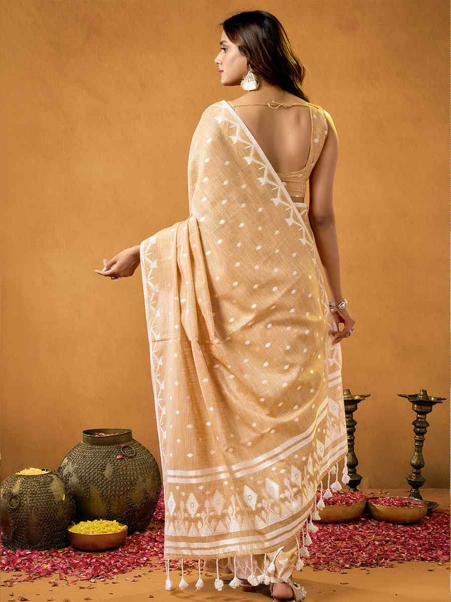 Cream Pure Cotton Handwoven Festival Wedding Fancy Heavy Border Saree