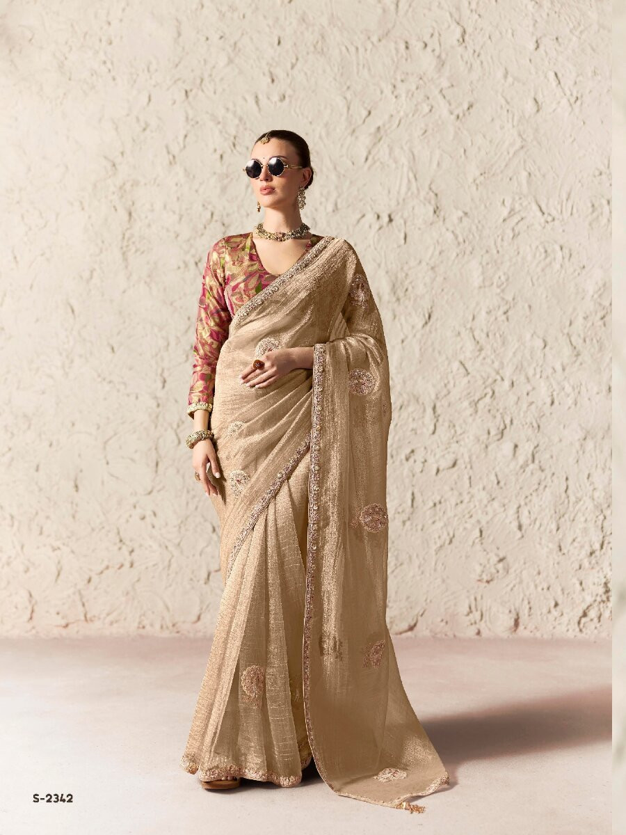 Cream Pure Fancy Tissue Silk Zari Sequins Wedding Reception Party Festival Heavy Border Sarees
