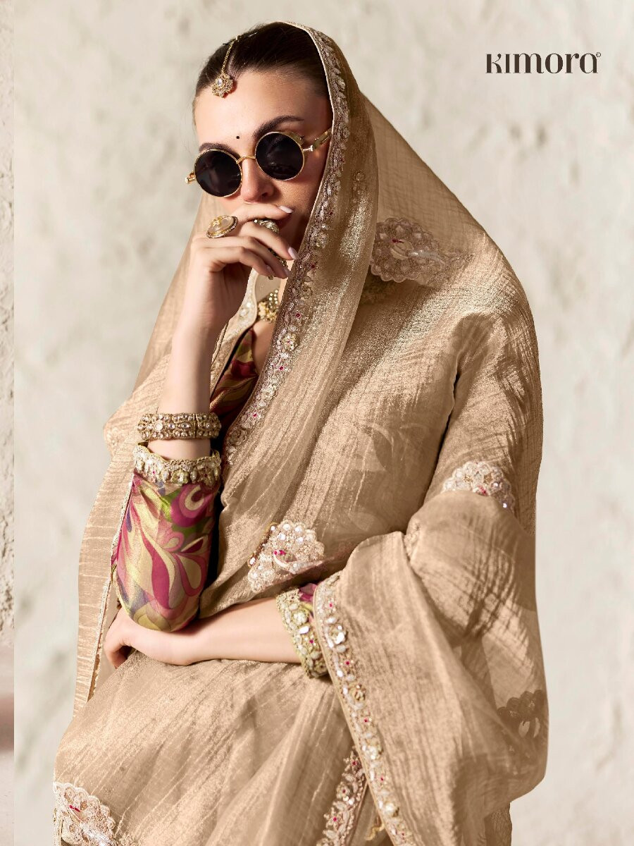 Cream Pure Fancy Tissue Silk Zari Sequins Wedding Reception Party Festival Heavy Border Sarees