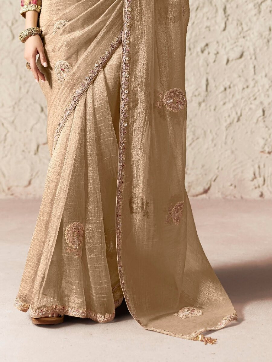Cream Pure Fancy Tissue Silk Zari Sequins Wedding Reception Party Festival Heavy Border Sarees