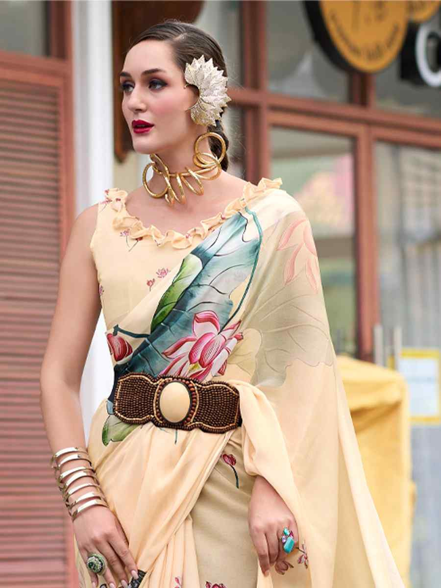 Cream Pure Georgette Printed Casual Festival Contemporary Saree