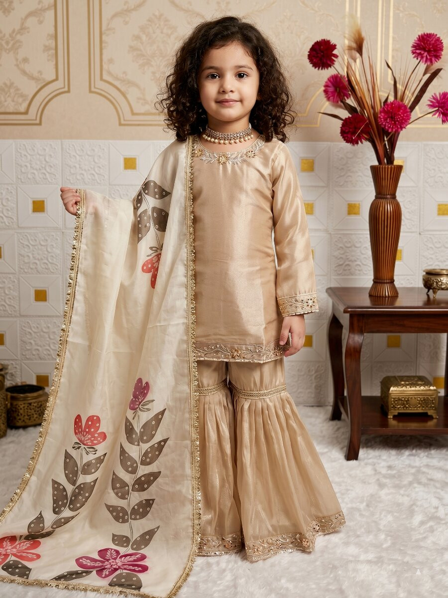 Cream Pure gmy silk Embroidered Sequins Ethnic Casual Festival Party Wedding Kurta Sharara Girls Wear