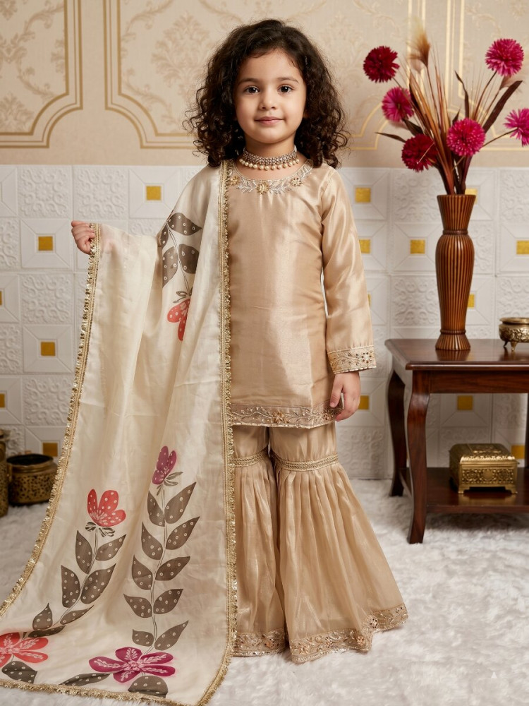 Image of Cream Pure gmy silk Embroidered Sequins Ethnic Casual Festival Party Wedding Kurta Sharara Girls Wear