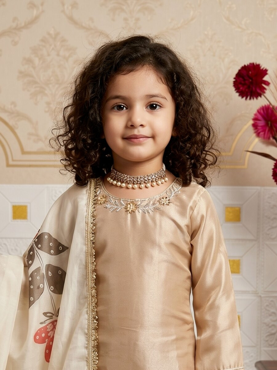 Cream Pure gmy silk Embroidered Sequins Ethnic Casual Festival Party Wedding Kurta Sharara Girls Wear