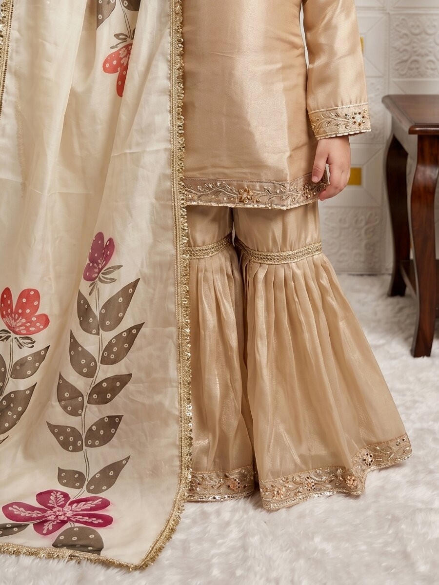 Cream Pure gmy silk Embroidered Sequins Ethnic Casual Festival Party Wedding Kurta Sharara Girls Wear