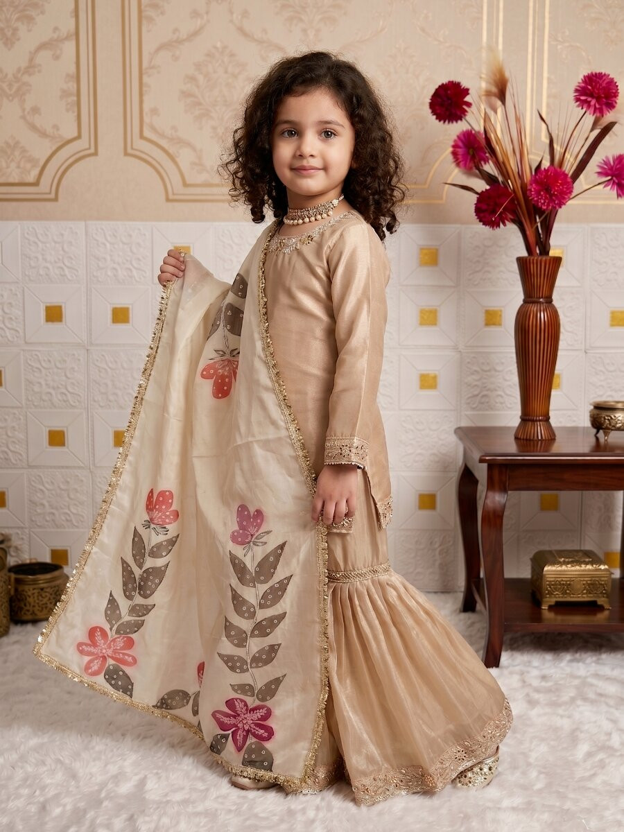 Cream Pure gmy silk Embroidered Sequins Ethnic Casual Festival Party Wedding Kurta Sharara Girls Wear