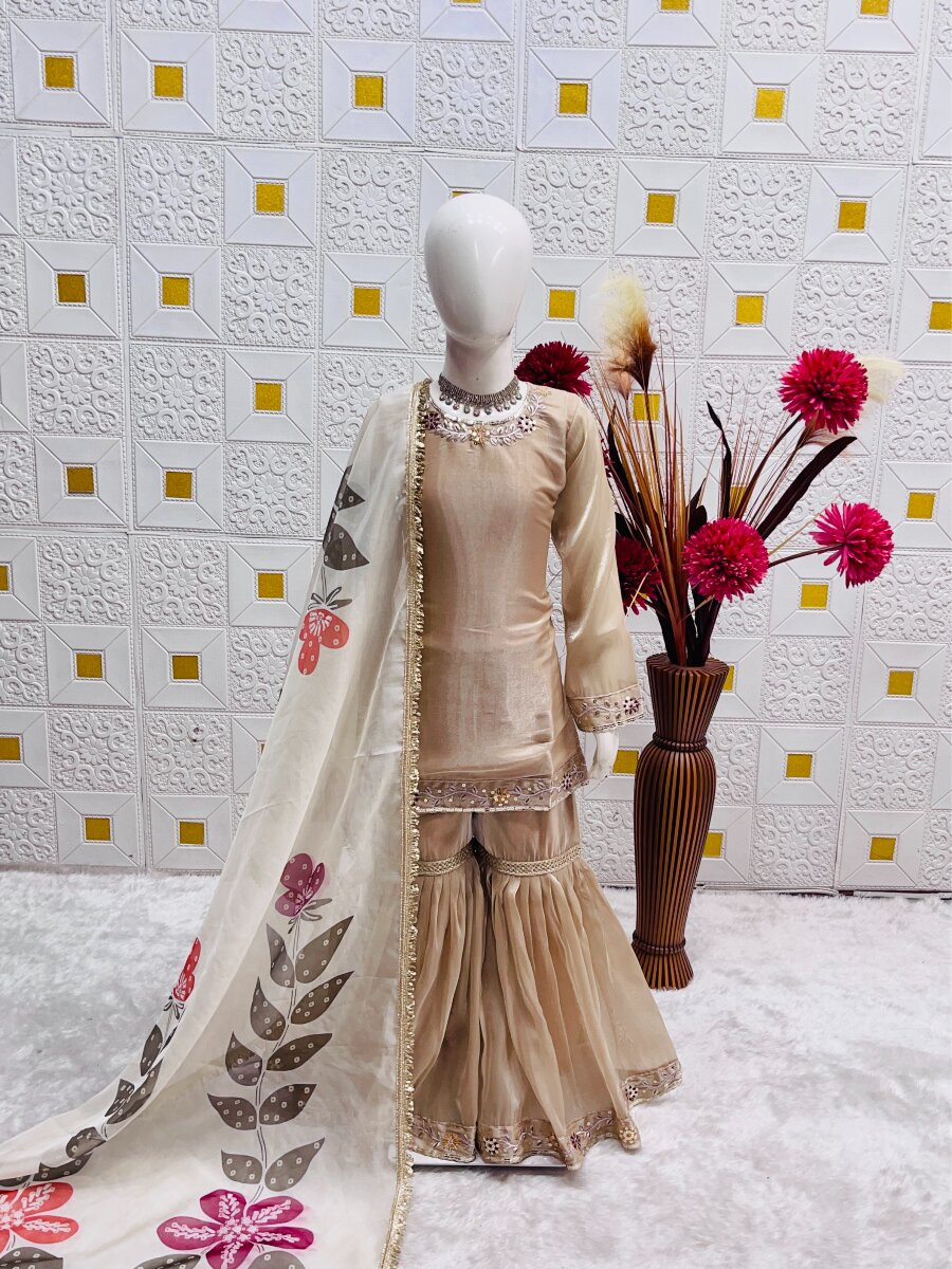 Cream Pure gmy silk Embroidered Sequins Ethnic Casual Festival Party Wedding Kurta Sharara Girls Wear