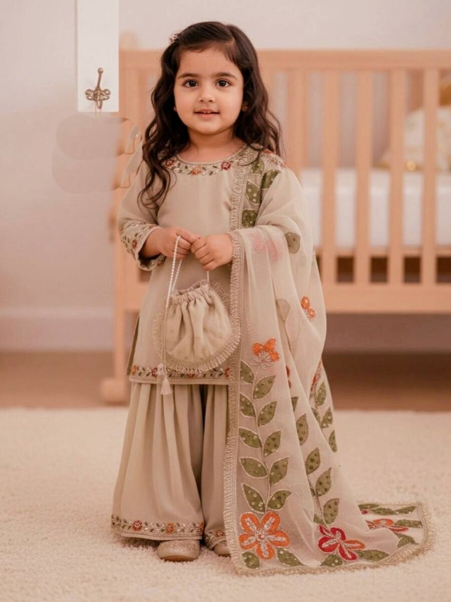 Cream Pure Gmy Silk Embroidered Sequins Wedding Party Festival Ready Kurta Sharara Girls Wear