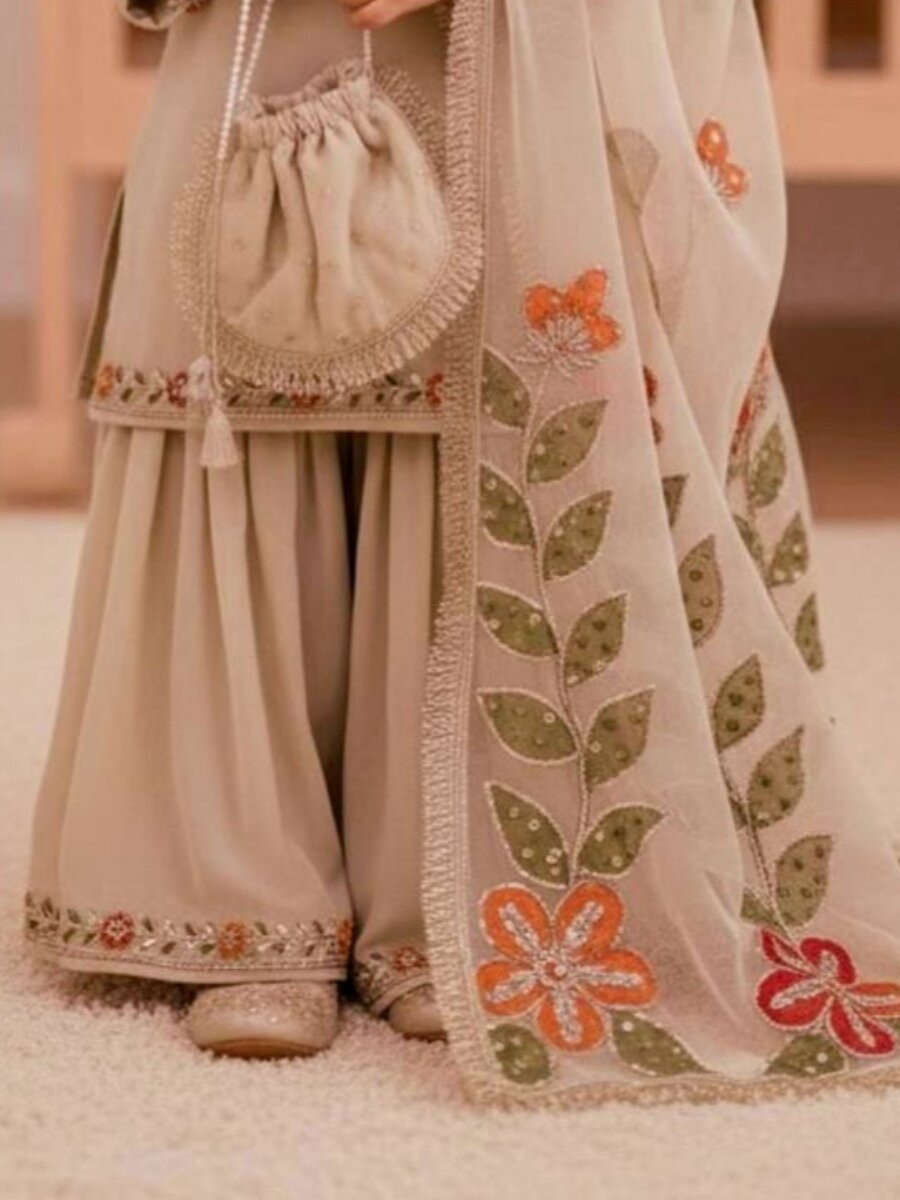 Cream Pure Gmy Silk Embroidered Sequins Wedding Party Festival Ready Kurta Sharara Girls Wear