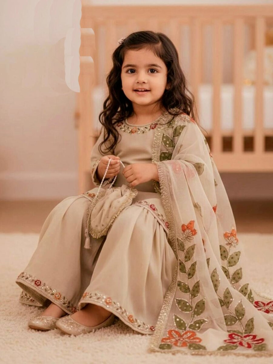 Cream Pure Gmy Silk Embroidered Sequins Wedding Party Festival Ready Kurta Sharara Girls Wear