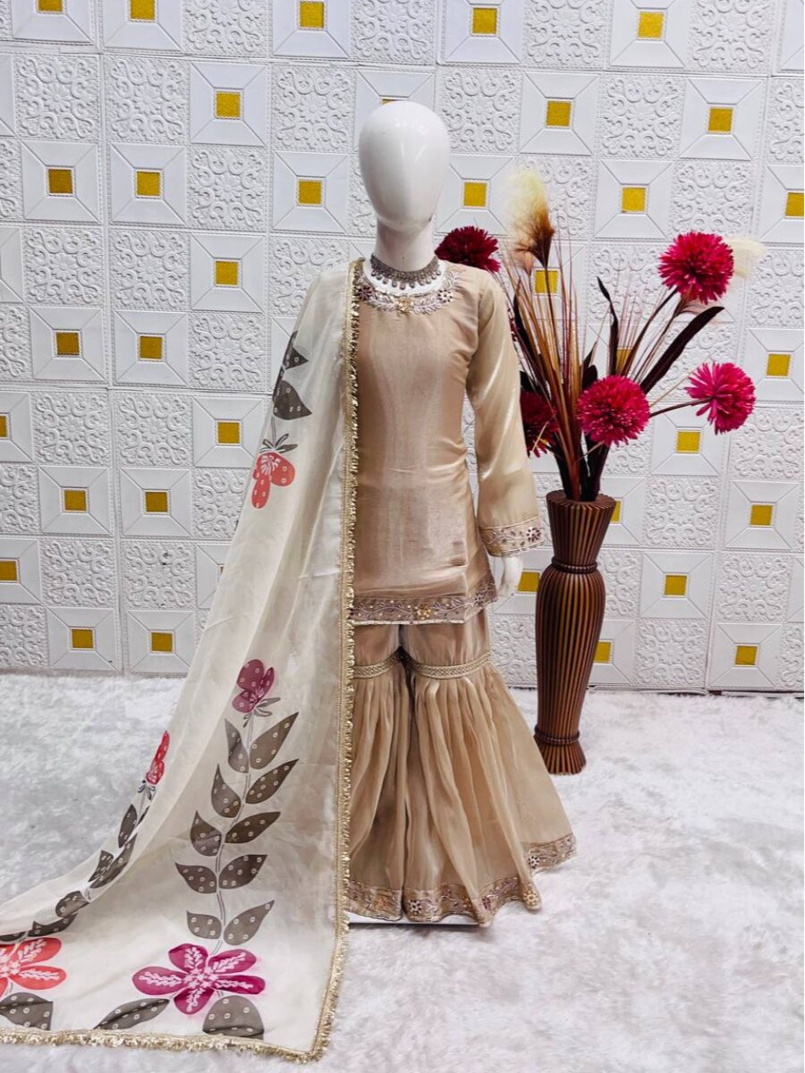 Cream Pure Gmy Silk Embroidered Sequins Wedding Party Festival Ready Kurta Sharara Girls Wear