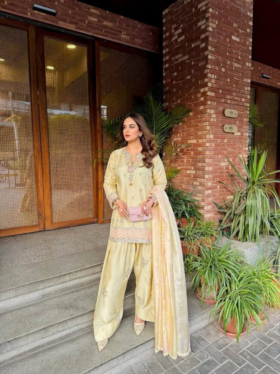 Cream Pure Japan Satin Silk Embroidery Sequins Zari Wedding Party Festival Casual Ready Palazzo Pant Salwar Kameez