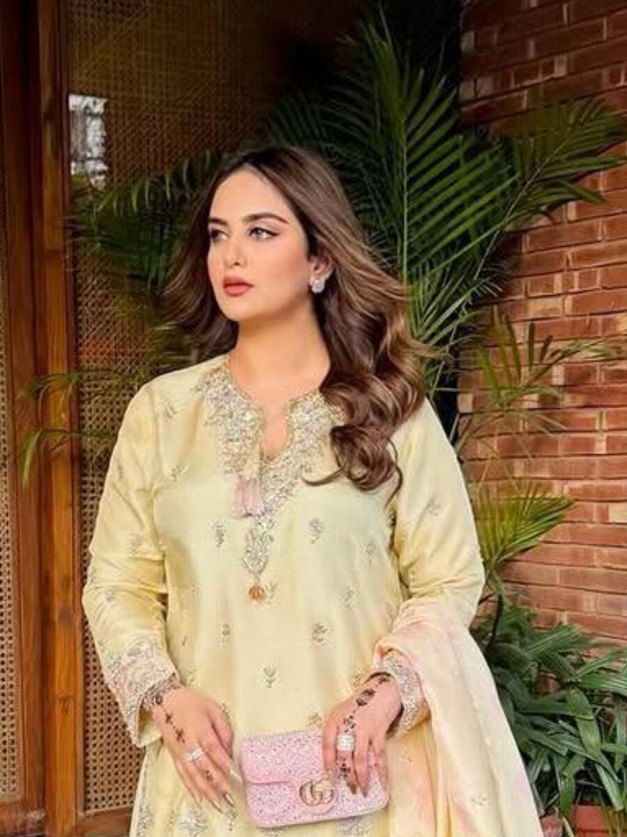 Cream Pure Japan Satin Silk Embroidery Sequins Zari Wedding Party Festival Casual Ready Palazzo Pant Salwar Kameez