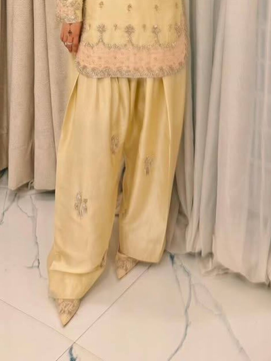 Cream Pure Japan Satin Silk Embroidery Sequins Zari Wedding Party Festival Casual Ready Palazzo Pant Salwar Kameez