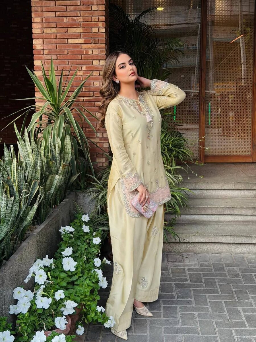 Cream Pure Japan Satin Silk Embroidery Sequins Zari Wedding Party Festival Casual Ready Palazzo Pant Salwar Kameez