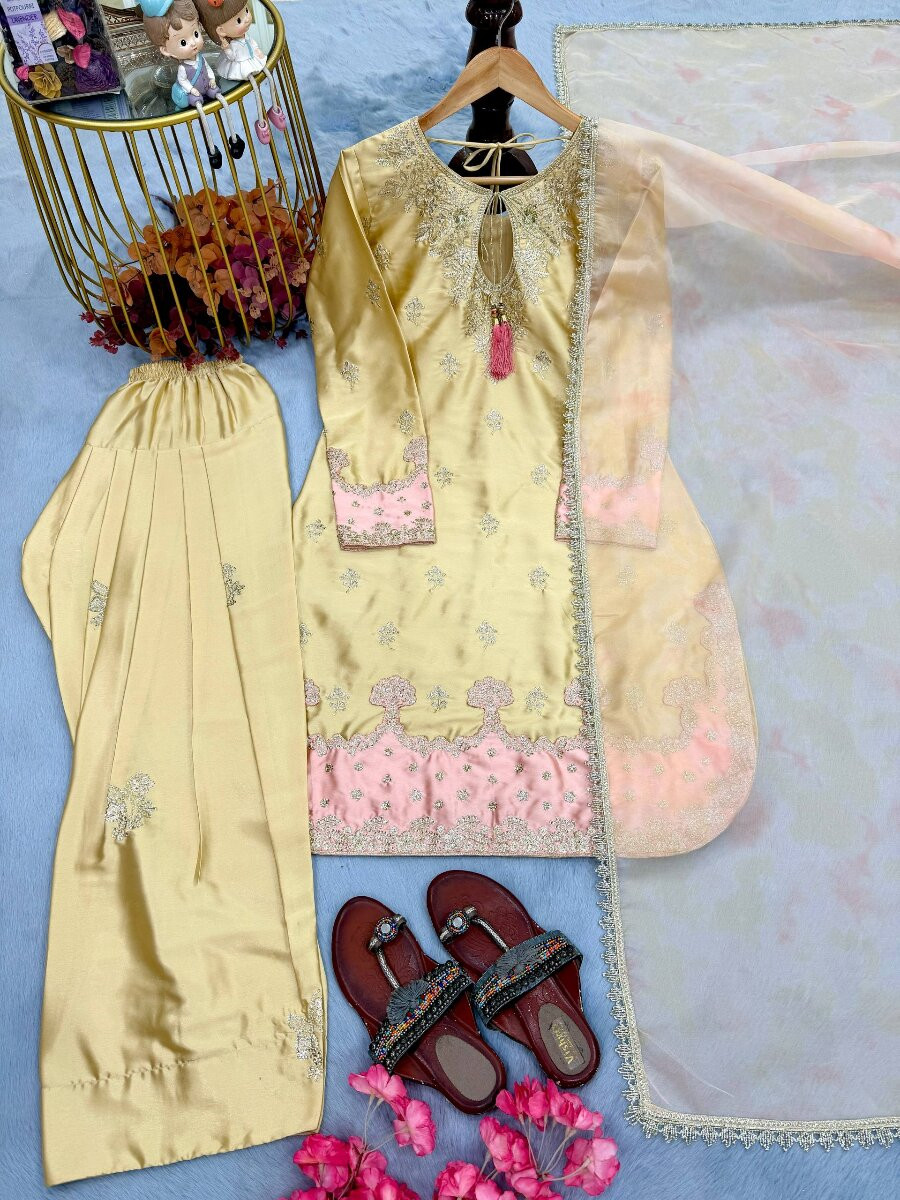 Cream Pure Japan Satin Silk Embroidery Sequins Zari Wedding Party Festival Casual Ready Palazzo Pant Salwar Kameez