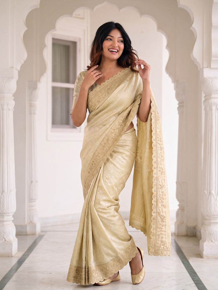 Image of Cream Pure Kanjivarm Silk Embroidery Wedding Reception Party Festival Casual Heavy Border Sarees